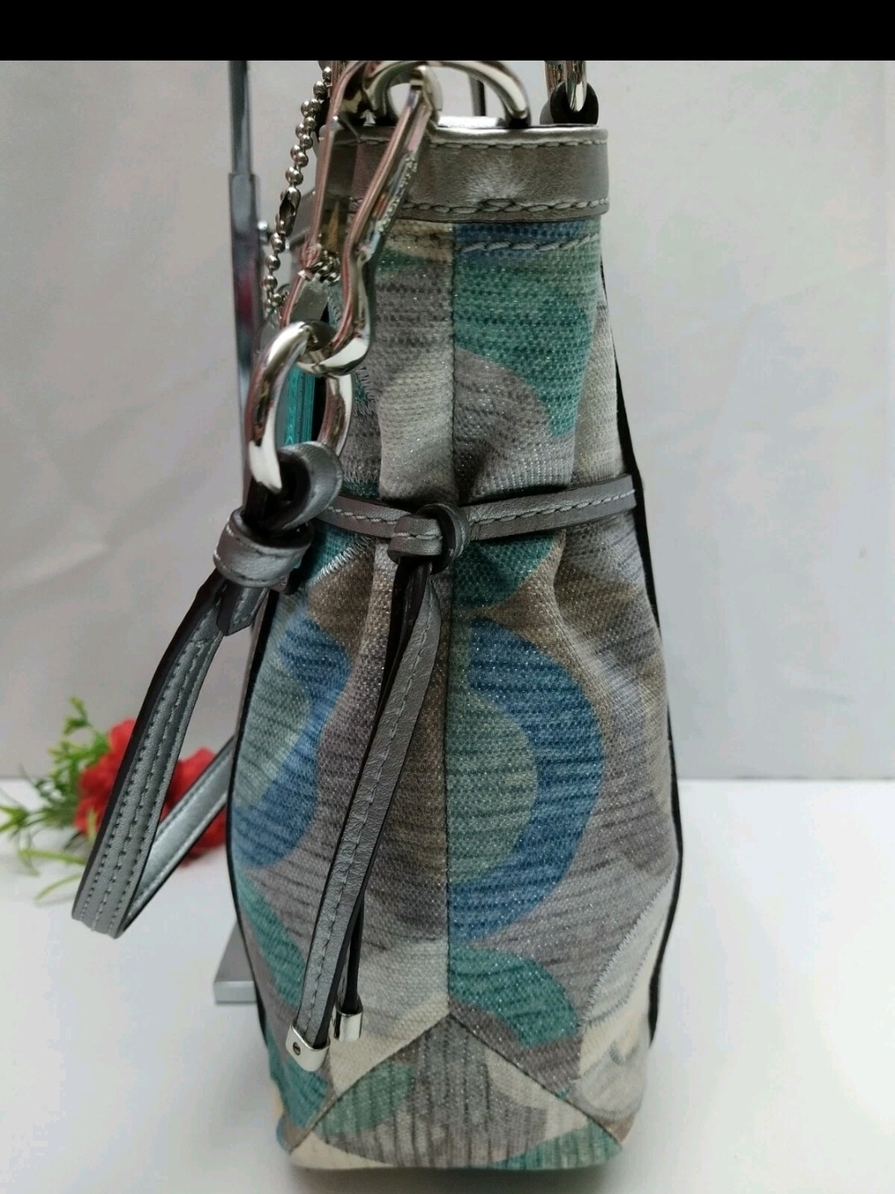 Coach Audrey Op Art Cinched Tote Multi Color Metallic W/Silver Leather Trim - Picture 6 of 16